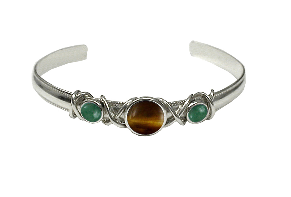 Sterling Silver Hand Made Cuff Bracelet With Tiger Eye And Jade